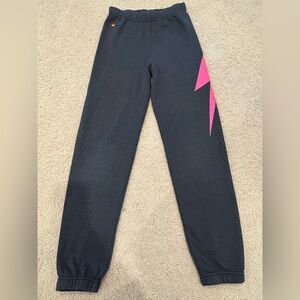 Aviator Nation Kids Dark Charcoal Joggers with Pink Lightning Bolt, size 14